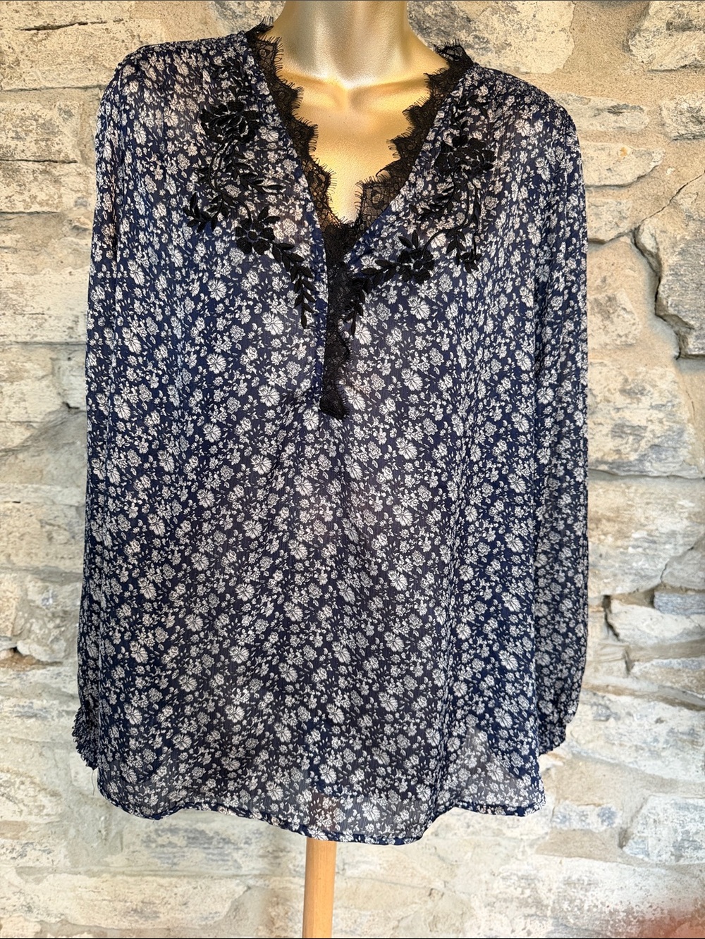Navy Floral Lace-Trim Blouse